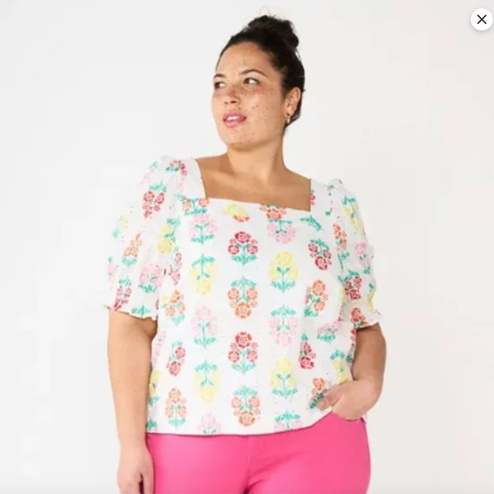 Draper James RSVP Floral Print Eyelet Puff Sleeve Top, Size 3X